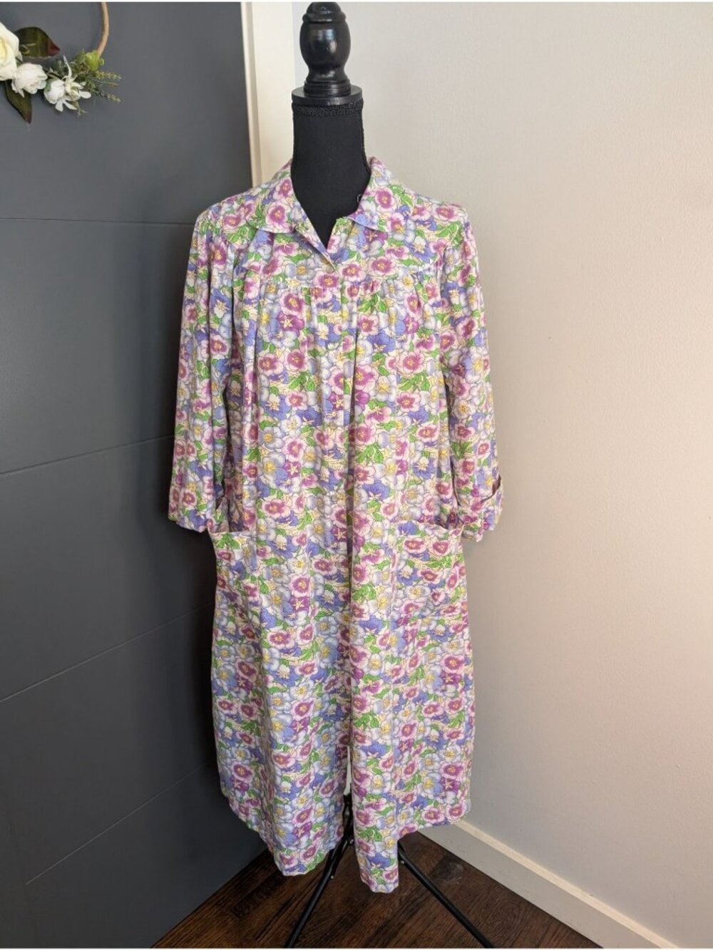Models Coat Floral Purple Pink Green Cotton Blend Snap-Front Housecoat Size 16